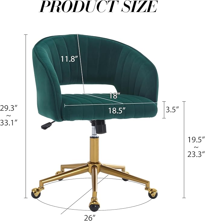 Home Office Chair Swivel Velvet Desk Chair Accent Armchair Upholstered Modern Tufted Chairs with Gold Base for Girls Women Ergonomic Study Seat Computer Task Stools for Living Room(Green)