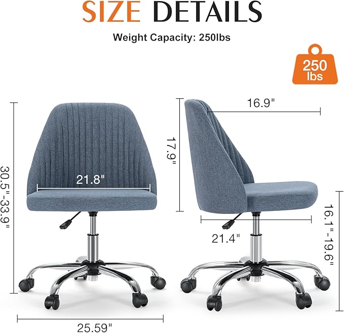 Sweetcrispy Armless Vanity Chair, Cute Comfy Home Office Desk Chair with Wheels, Modern Upholstered Task Computer Seat for Bedroom, Study, Makeup Vanity, Height Adjustable & Swivel, Blue