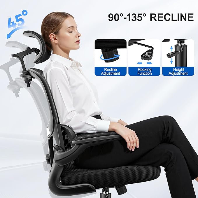 Ergonomic Office Chair, Mesh Desk Chair with Lumbar Support, High Back Home Office Chair with Adjustable Headrest and Flip-Up Arms, Comfortable Computer Chair, Thick Cushion, 300 LBS, Black