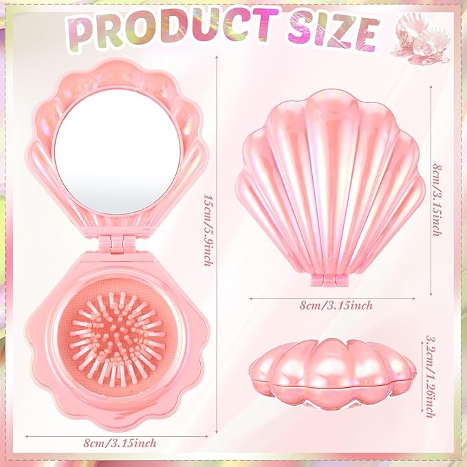 Meanplan 12 Pcs Mermaid Party Favors Shell Hair Brush with Mirror Foldable Mini Travel Pocket Hair Brush Compact Makeup Comb for Women Girls Valentines Day Birthday Gifts(Pink)