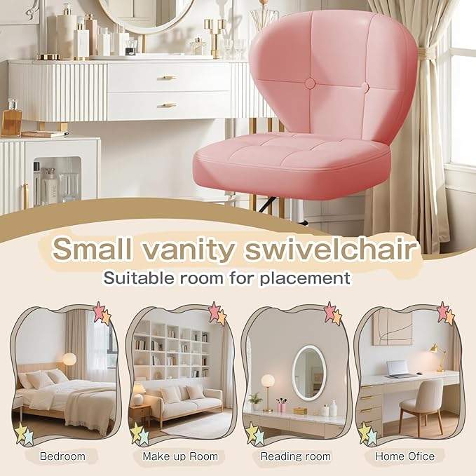 Vanity Chair with Back – Small Armless Office Chair with Wheels, Lumbar Support, PU Leather, Adjustable Height, 360° Swivel for Home, Bedroom, Office Pink Set of 2