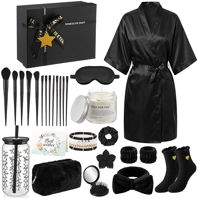 15 Pcs Birthday Gifts for Women Robe Sets for Women Spa Basket Set Graduation Gifts Bath Robe Make up Brushes Scented Candle Fluffy Socks Coffee Cup for Mom Nurse Girlfriend Wife(Black)