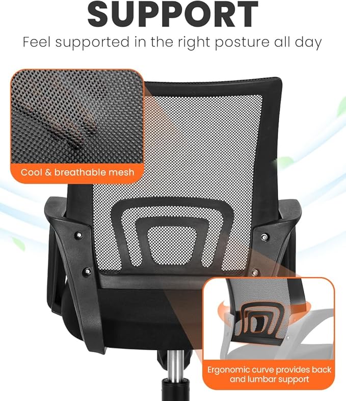 NEO Chair Office Desk Computer Chair Ergonomic Mesh Gaming Mid Back Seat with Comfy Lumbar Support Adjustable Height Swivel for Home Task (2 pk - Black)