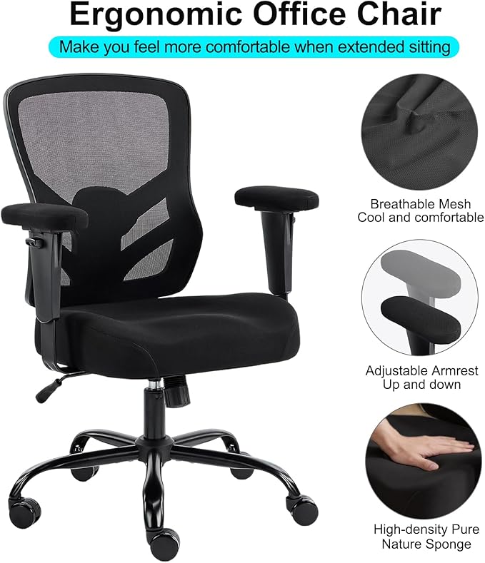 YFO Ergonomic Office Chair, Mesh Computer Desk Chair with Adjustable Back Lumbar Support and Armrests, Comfy Executive Rolling Swivel Task Chair for Home Office, Black