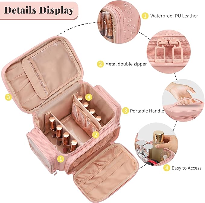 Large Makeup Bag, Portable Travel Makeup Bag Organizer for Women Girls with Makeup Brush Compartment & Two Side Pockets, Cosmetic Travel Bag Vertical Storage Toiletry - Pink