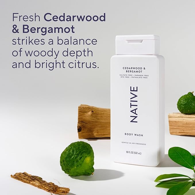 Native Body Wash Contains Naturally Derived Ingredients | For Women & Men, Sulfate, Paraben, & Dye Free Leaving Skin Soft and Hydrated | Cedarwood & Bergamot 18 oz