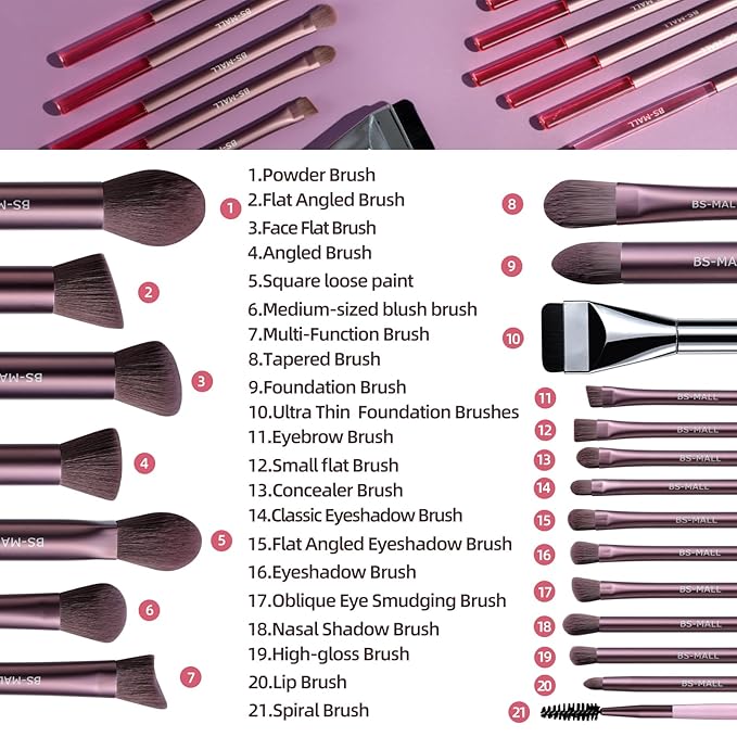 BS-MALL 21 Pcs Professional makeup brush set with foundation brush for liquid Makeup, eyeshadow Brush, concealer brush - Includes 6 Triangle Puffs & case for Even, Multi-purpose application (Pink)