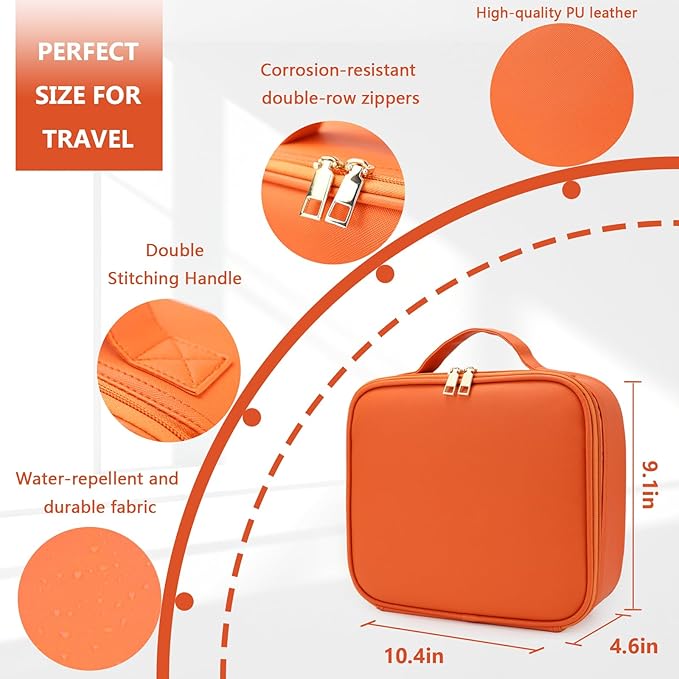 Makeup Bag with Led Mirror,Large Vanity Makeup Cases with 3 Color Setting,Portable Storage and Adjustable Dividers,for Women and Makeup Artists Cosmetic Organizer Travel Makeup Bag-Orange