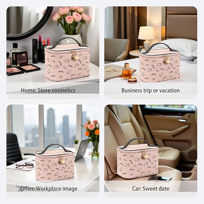 AmBealla Make up Bag Large Travel Cosmetic Bags Organizer with Brush Holder for Girl,Lightweight Cotton Toiletry Bag with Zipper for Women,Portable Makeup Case for Airplane/Home/Gym-Pink