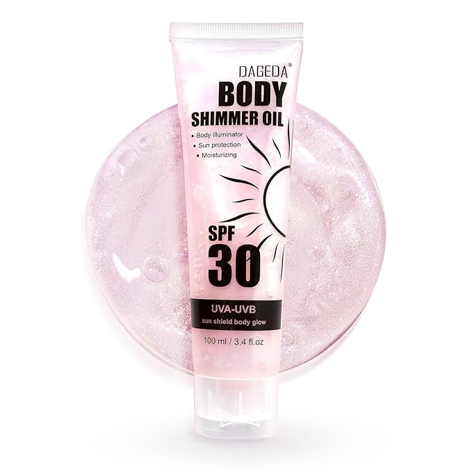 DAGEDA Body Glow Oil, SPF 30 Broad Spectrum Glitter Sunscreen, Lightweight, Non-sticky Sunscreen Body Shimmer, Sun Protection with Centella Asiatica Extract, UVA/UVB Protection, Rose 3.4 fl.oz