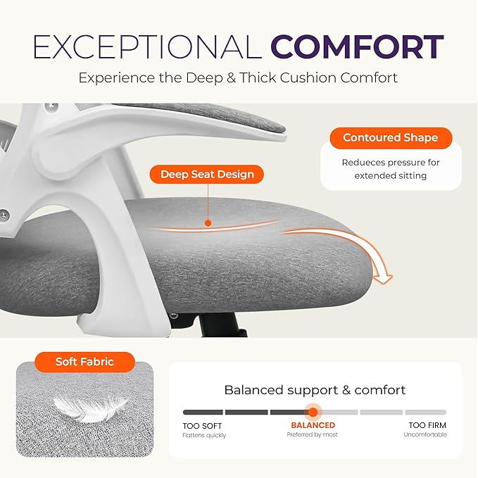 NEO CHAIR Office Desk Computer Gaming Ergonomic Chair with Lumbar Back Support Adjustable Height Swivel Wheels Flip-up Arms Mesh Chair for Home or Office (Grey)