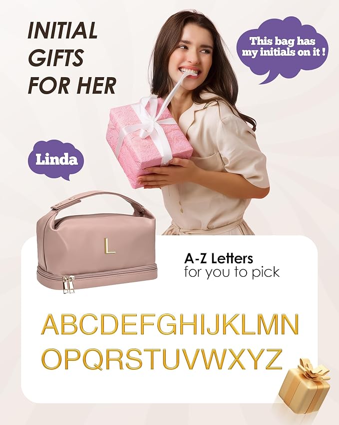 Gifts for Female, Personalized Makeup Bags with Handle, Waterproof Double Layer Cosmetic Bag, Large Capacity PU Leather Makeup Bags Letter Toiletry Bag with Makeup Brush Organizer