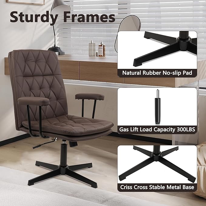 CLATINA Office Chair No Wheels, Leather Criss Cross Desk Chairs with Arms, Modern Cross Legged Computer Chair, Mid Back Height Adjustable Swivel Task Vanity Chair for Home Office, Chocolate Brown