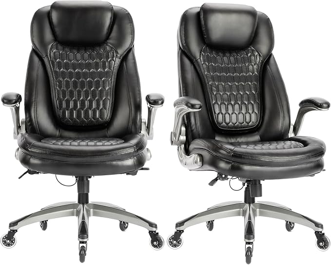 COLAMY High Back Executive Office Chair (Set of 2), Ergonomic PU Leather Desk Chairs with Flip-Up Arms and Upgraded Swivel Casters, Comfortable Computer Chairs for Home Office – Black