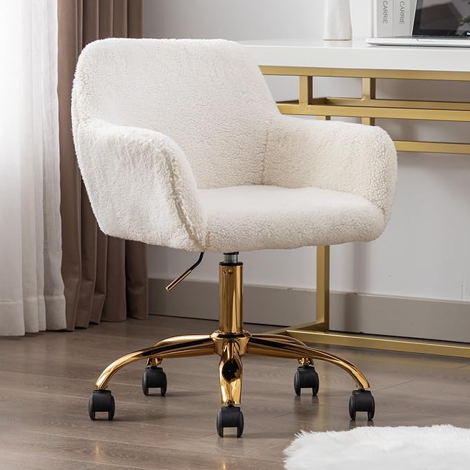 Faux Fur 360°Swivel Desk Chair, Modern Height Adjustable Home Office Armchair with Golden Base for Teens Women Girls, Upholstery Computer Chair for Home Studios, Sherpa & White