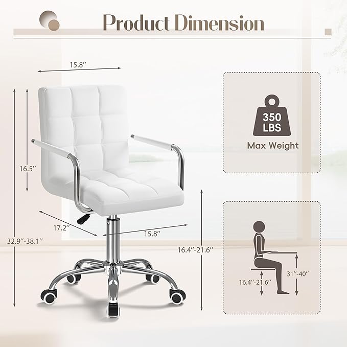 Furmax Vanity Office Chair with Wheels, Makeup PU Leather Executive Chair Modern Adjustable Home Desk Retro Comfortable Work Chair 360 Degree Swivel with Arms (White)
