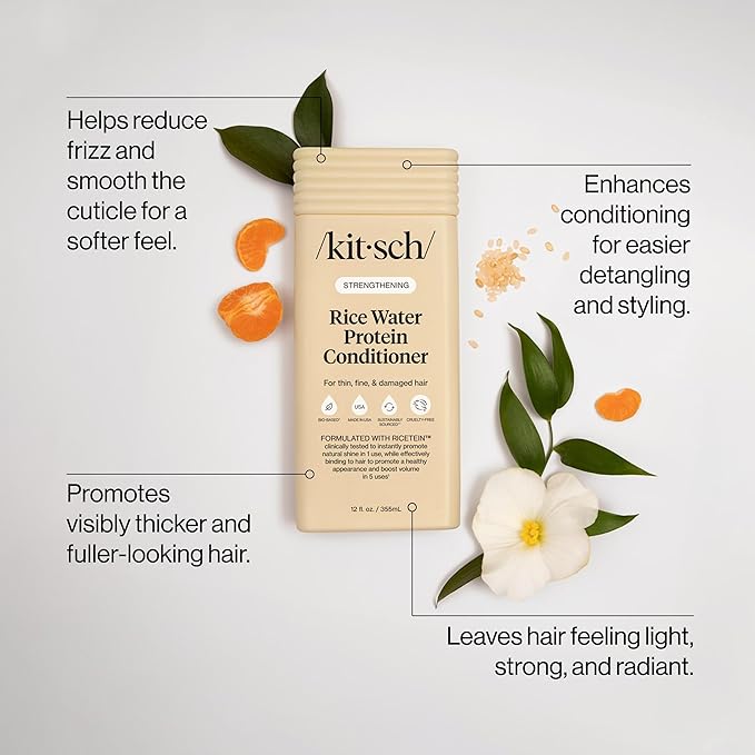 Kitsch Strengthening Rice Water Protein Conditioner for Women & Men – Hair Care for Thin, Fine & Damaged Hair, Boosts Shine & Volume – Paraben, Phthalates & Silicone Free, Made in USA - 12.3 oz