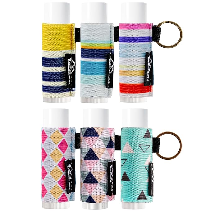 WK IEASON 6PCS Lip Balm Holder Bulk Lipstick Holder Key chain Lip Gloss Sleeve Keychain -Tight Elastic Holder Sleeve for Fat and Slim Lip Balms & Gloss and Lip Sticker(Geometric Strap set)