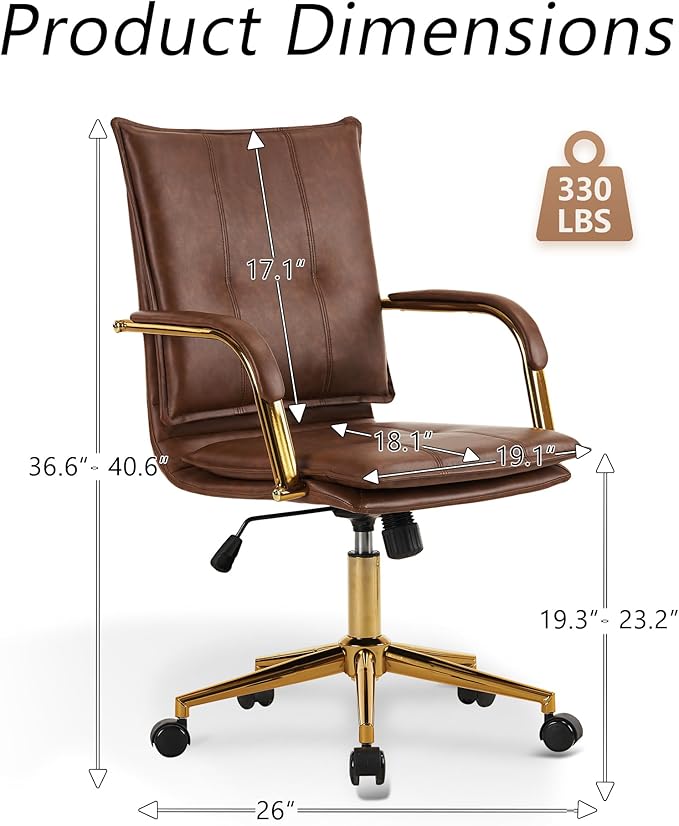 MOJAY Mid-Back Ergonomic Leather Office Chair, Modern Upholstered Executive Desk Chair with Gold Frame Armrest Computer Task Chair (Camel)