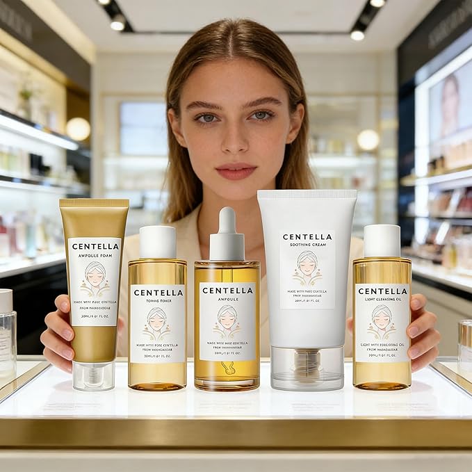 Centella Skincare Set for Women & Teens with Toner, Ampoule, Soothing Cream, Cleansing Oil, Ampoule Foam - Travel Basic Skincare Trial Mini Kit Gift Box Holiday Korean Skin Care Set