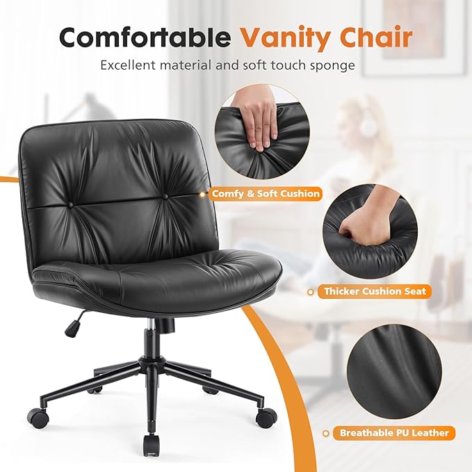 Sweetcrispy Criss Cross Chair with Wheels, Wide Seat PU Leather Armless Office Desk Vanity Chair, Comfortable Adjustable Swivel Computer Task Chairs for Bedroom, Small Space Make Up, Black