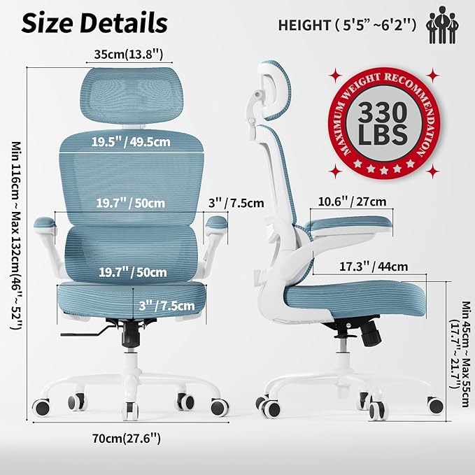 TRALT Ergonomic Office Chair - Desk Chair with Adjustable Headrest Lumbar Support Computer Chair - Mesh Comfy Chair with Flip-up Armrests - Gaming Chairs for Adults Home Office (PU Leather, Blue)