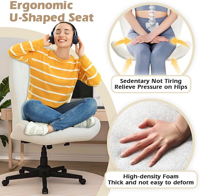 Criss Cross Chair with Wheels, Wide Cross Legged Office Chair Armless Comfy Desk Chair with Tall Back Vanity Chairs with Stress Relief Curved Design Seat for Bedroom & Office & Home Ivory White