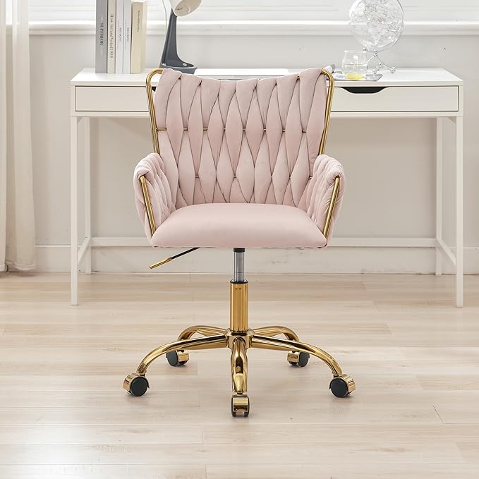 Westice Velvet Desk Chair, Home Office Gold Comfy Chair with Hand Woven Back, Height Adjustable Swivel Chair with Comfy Upholster for Makeup Vanity Living Room Bedroom, Light Pink