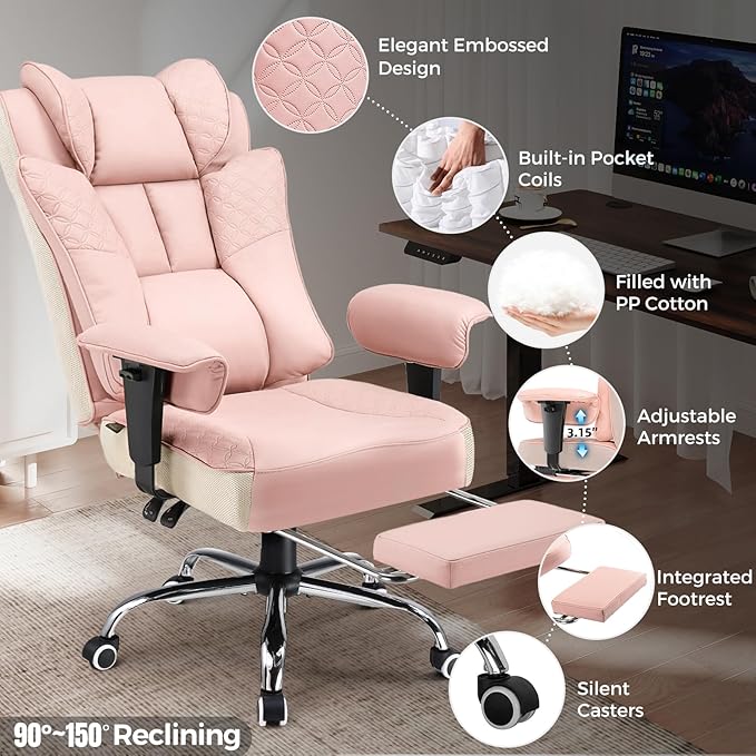GTPLAYER Big and Tall Office Chair 400LBS Wide Ergonomic Gaming Chair with Deluxe Embossing Designed Leather with Foot Rest,150°Reclining Adjustable Soft Armrests Pocket Spring Back Support and Pillow