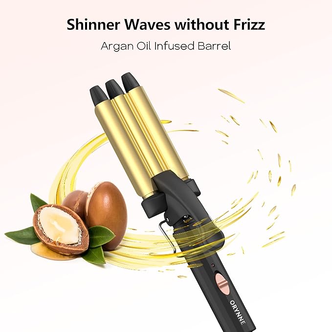 Crimper Hair Tool for Short Hair, 1/2 Inch Mini Crimper for Tight Beach Waves, Mini 3 Barrel Curling Iron with Argan Oil Infused, Beach Waves Curling Iron, Easy to Use