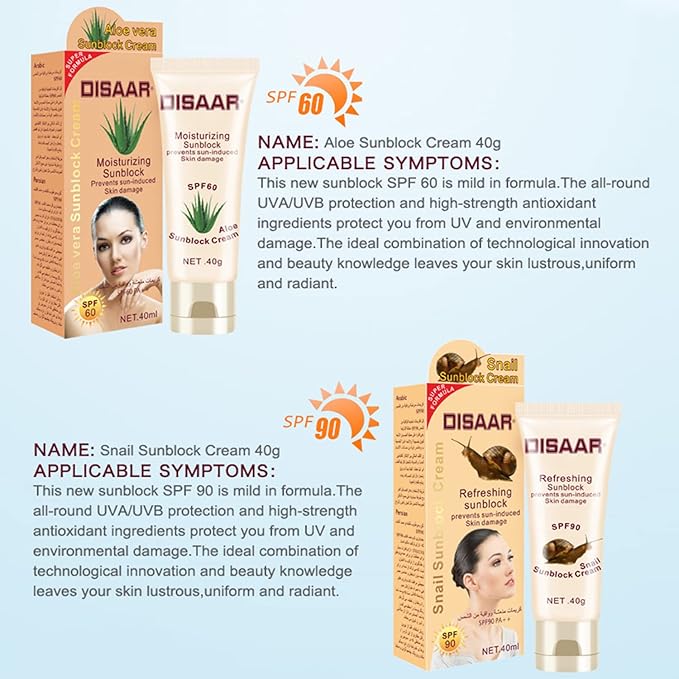 DISAAR BEAUTY Sunblock Cream Refreshing Sunscreen Face Neck Arms Skin Damage SPF 60/90 PA++ UVA/UVB Protection 40ml/1.35fl.oz (SPF 60 Aloe Vera Sunblock Cream)