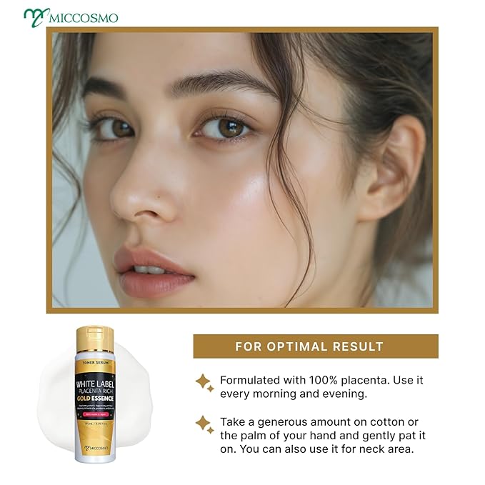 WHITE LABEL Placenta Rich Gold Essence 180ml | 3x Concentrated Placenta & Hydrating Japanese Toner | With Hyaluronic Acid, Collagen & Ceramide for Aging & Dull Skin