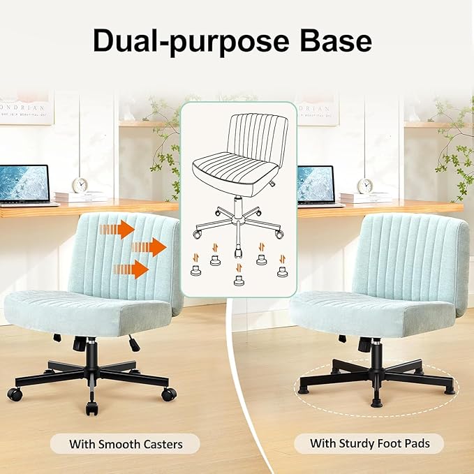 Criss Cross Chair with Wheels,Thick Padded Fabric Cross Legged Office Desk Chair with Pocket Springs Cushion,Dual-Purpose Base,Wide Adjustable Computer Home Office Vanity Chair,Mint Green