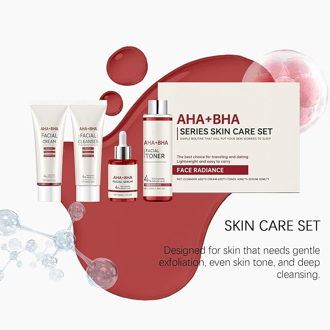 Travel Skincare Set with AHA BHA - 4 Piece Gentle Exfoliating Kit | Cleanser, Toner, Serum & Moisturizer for Women & Teens, Face Daily Korean Care Gift Box Dewy Skin Set Deep Cleansing Hydrate