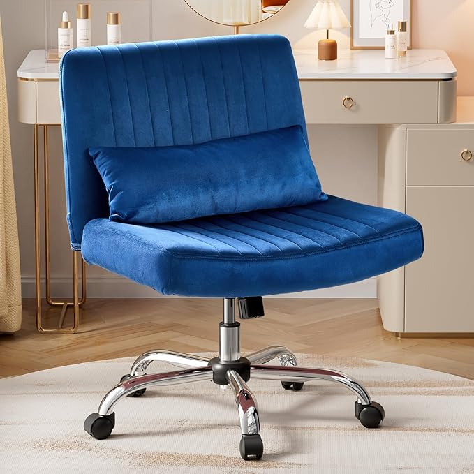 Warmiehomy Velvet Criss Cross Chair with Wheels, Cross Legged Office Chair, Comfy Desk Chair for Home Office, Ergonomic Computer Chair, Wide Seat Vanity Chair, for Adults, Dark Blue