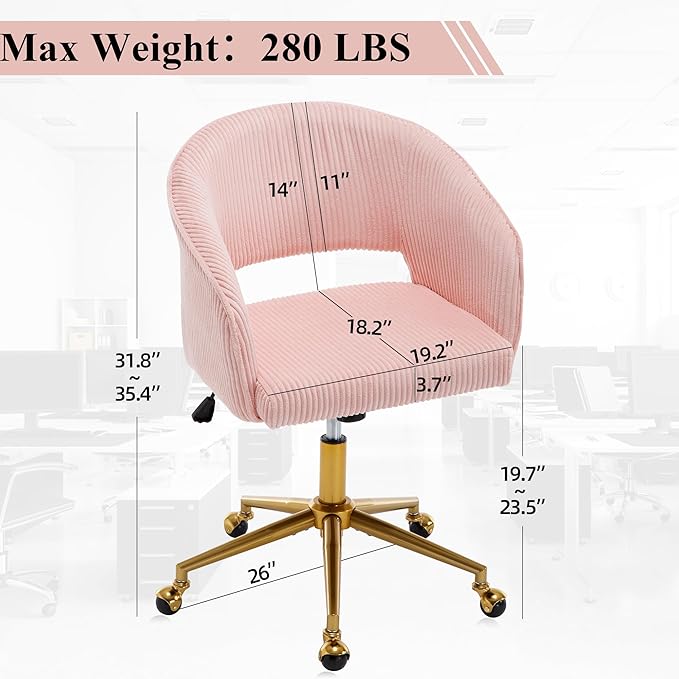 Westice Home Office Desk Chairs, Modern Corduroy Rolling Chair, Height Adjustable Swivel Vanity Chair with Golden Base, Ergonomic Chair for Vanity Study, Living Room Computer Room, Pink