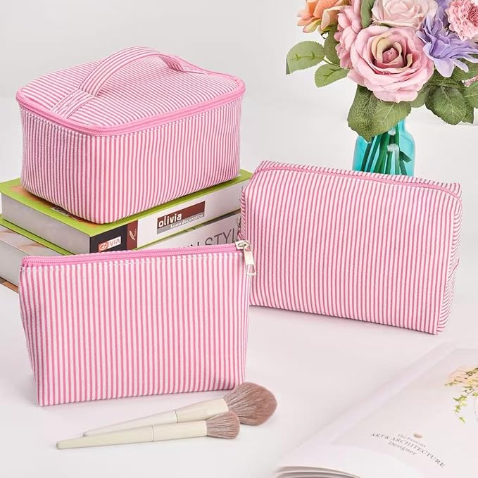 3 Pieces Makeup Bag Set Cute Cosmetic Pouch for Women Seersucker Cosmetic Bag Aesthetic Travel Toiletry Organizer Preppy Small Makeup Purse Pouch Skincare Brushes Storage Organizer for Women (Pink)