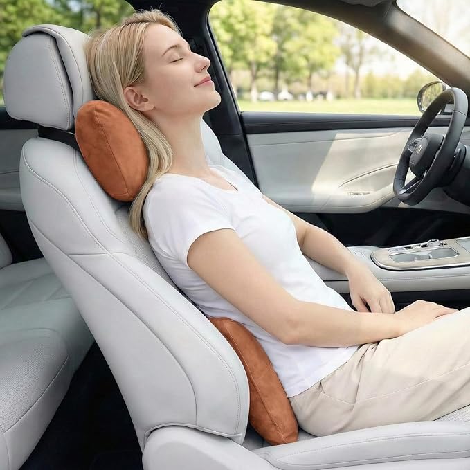 2PCS Car Pillow for Car Neck Pillow for Driving Seat Leather Neck Support Soft Cushion Back Support Head-Rests for Vehicle Sleeping with Elastic Adjustment Strap (Brown, Head and Lumbar)