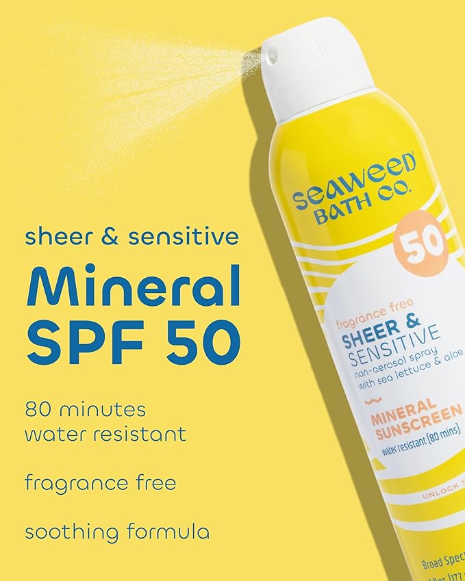 Seaweed Bath Co. Sheer Mineral Sensitive SPF 50 Broad Spectrum Sunscreen Spray - Fragrance Free, Non-Nano, Skin-Friendly Formula - 6 oz