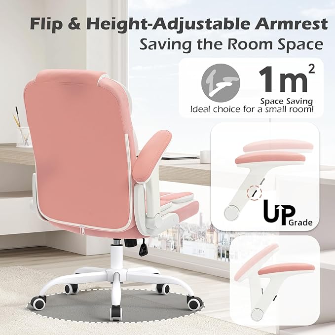 SEATZONE Ergonomic Office Chair Pink PU Leather Desk Chairs Computer Chair with Wheels and Flip-up Arms,Rolling Swivel Task Chair for Women,Girls