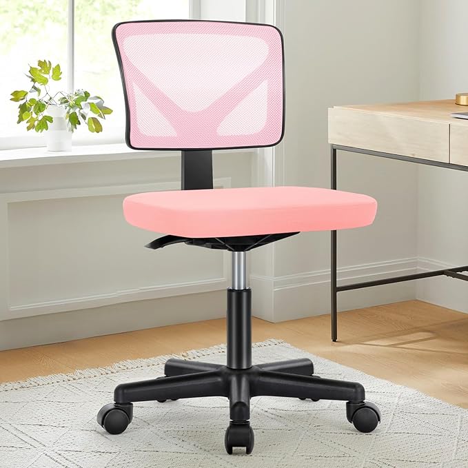 NEWBULIG Home Office Desk Chair, Armless Ergonomic Swivel Computer Chair with Wheels, Adjustable Height and Low-Back Mesh, Rolling Chair with Lumbar Support and Soft Seat for Small Spaces, Pink