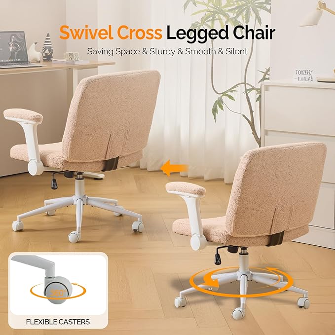 VINGLI Criss Cross Chair with Adjustable Flip-Up Arms,Cross Legged Chair with Wheels,Extra Wide Office Chair,Desk Chair for Home Office,Vanity,Bedroom, Apartment,Starry Chenille,Pink