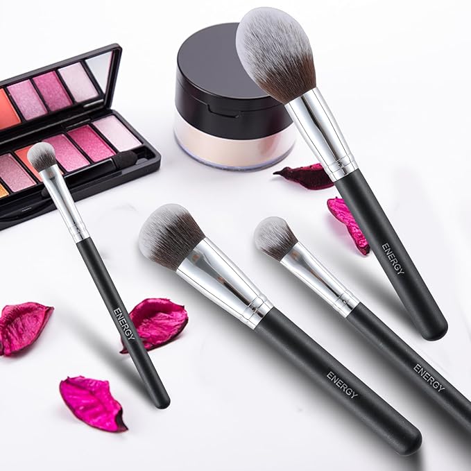 ENERGY Makeup Brush Set Premium Foundation,Bronzer,Blush,Concealer,Eyeshadow Contour with Liquid Cream Powders Blending Highlighting Buffing Professional Essential Face Brushes with Travel Case 4PCS