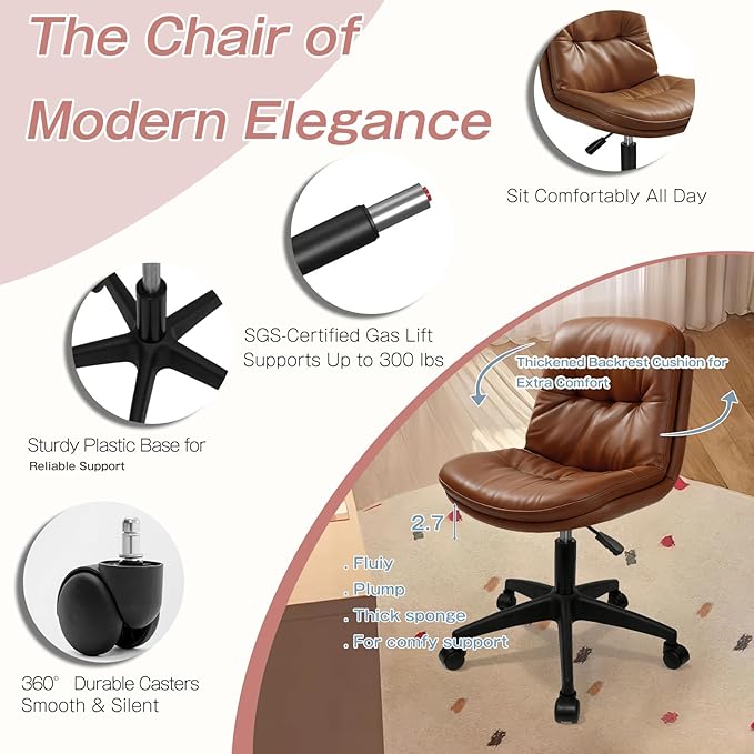 Office Chair, Ergonomic Desk Chair with Padded Cushion & Backrest, Adjustable Height & 360° Swivel, Armless Task Chair for Home Office, Computer Desk & Vanity Brown