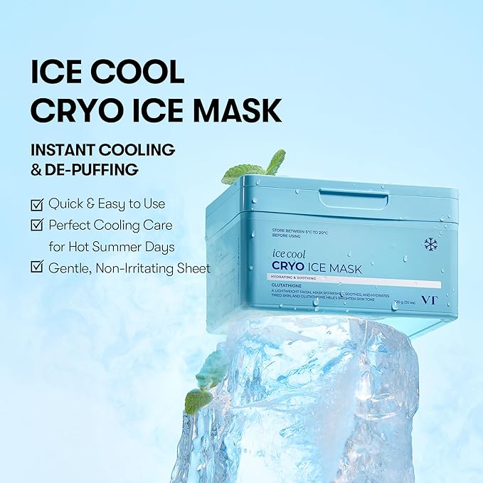 VT COSMETICS Cryo Ice Cool Mask, 30 Sheets, Cooling & De-Puffing Daily Sheet Mask, Hydrating Korean Face Mask, Xylitol & Hyaluronic Acid, K-Beauty Skincare