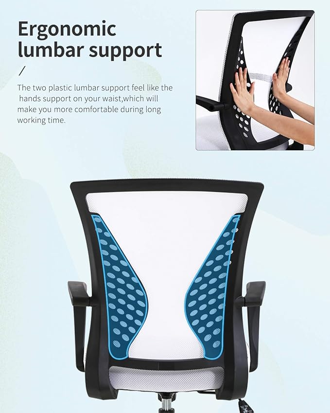 Home Office Chair Mid Back PC Swivel Lumbar Support Adjustable Desk Task Computer Ergonomic Comfortable Mesh Chair with Armrest (White)