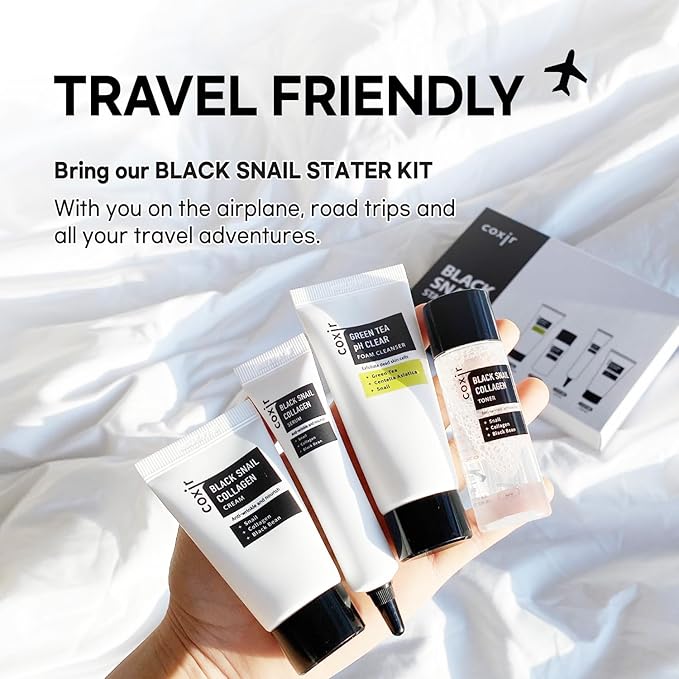 coxir Black Snail Collagen Starter Kit – Cleanser, Toner, Serum & Cream | Repairing Snail Mucin Skincare Set, Hydrating Korean Beauty Routine for Women (4-Piece)