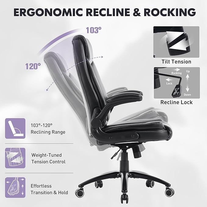 Ergonomic PU Leather Office Chair Set of 2 with Flip-Up Armrests & Reclining Backrest, 300lbs Thick Padded Seat Executive Desk Chair-Adjustable Height & Tilt Tension, Brown, Black