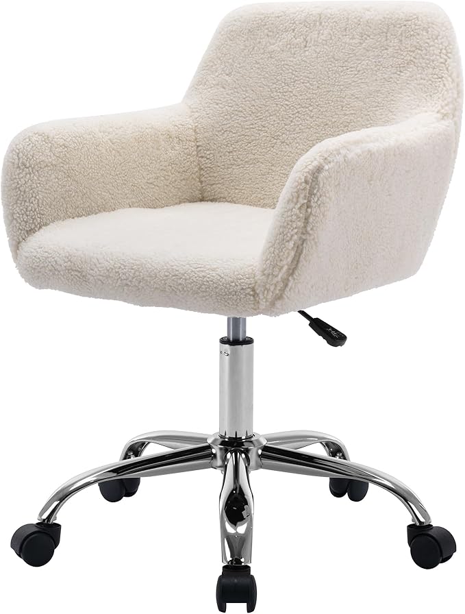Faux Fur 360°Swivel Desk Chair, Height Adjustable Home Office Armchair with Slivery Base for Teens Women Girls, Upholstery Computer Chair for Home Studios, Sherpa & White