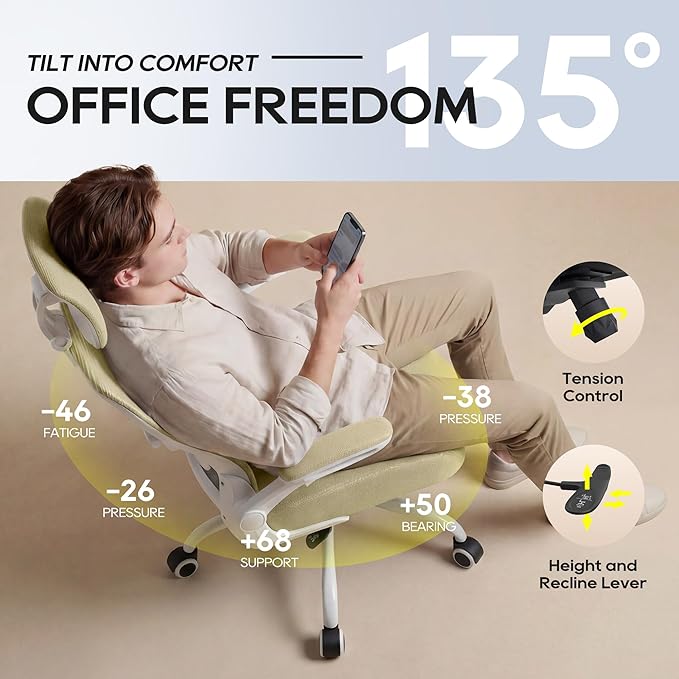 Ergonomic Office Chair, High Back Mesh Desk Chair with Adjustable Lumbar Support & Headrest, Flip-up Armrest, Computer Task Chairs for Home and Executive Office (W-Beige)